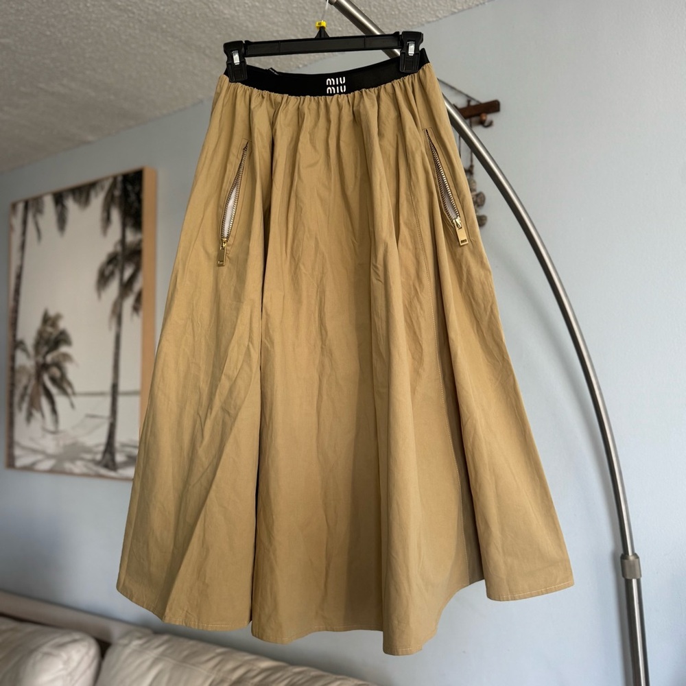 Miu Miu Beige Full A-Line Skirt with Zip Pockets
